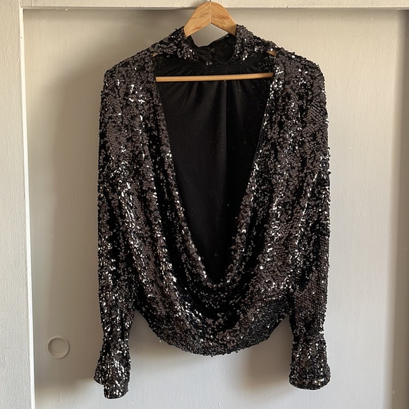 Free People black sequin low back, turtleneck top, size small - Picture 3 of 5